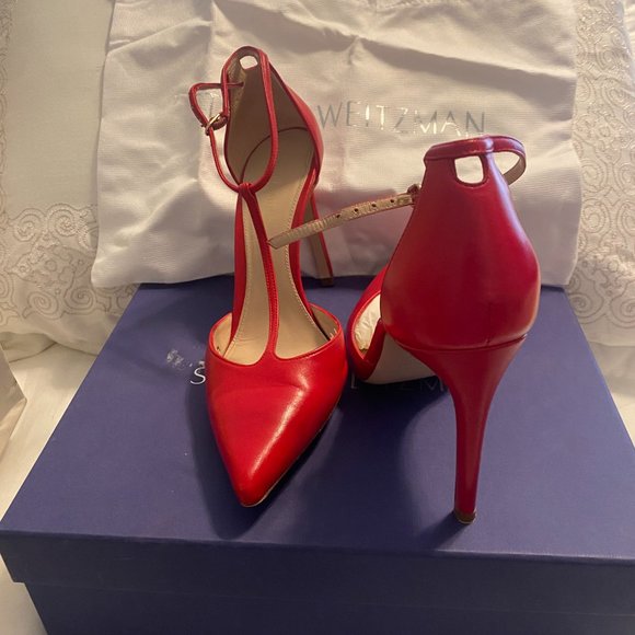 Stuart Weitzman Amity Lipstick Red Pointed Toe T Strap Heels 7M - Picture 4 of 5